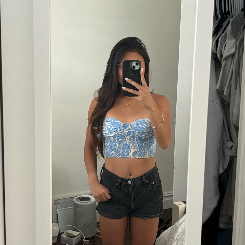 Zara Blue and White Floral Bustier Crop Top